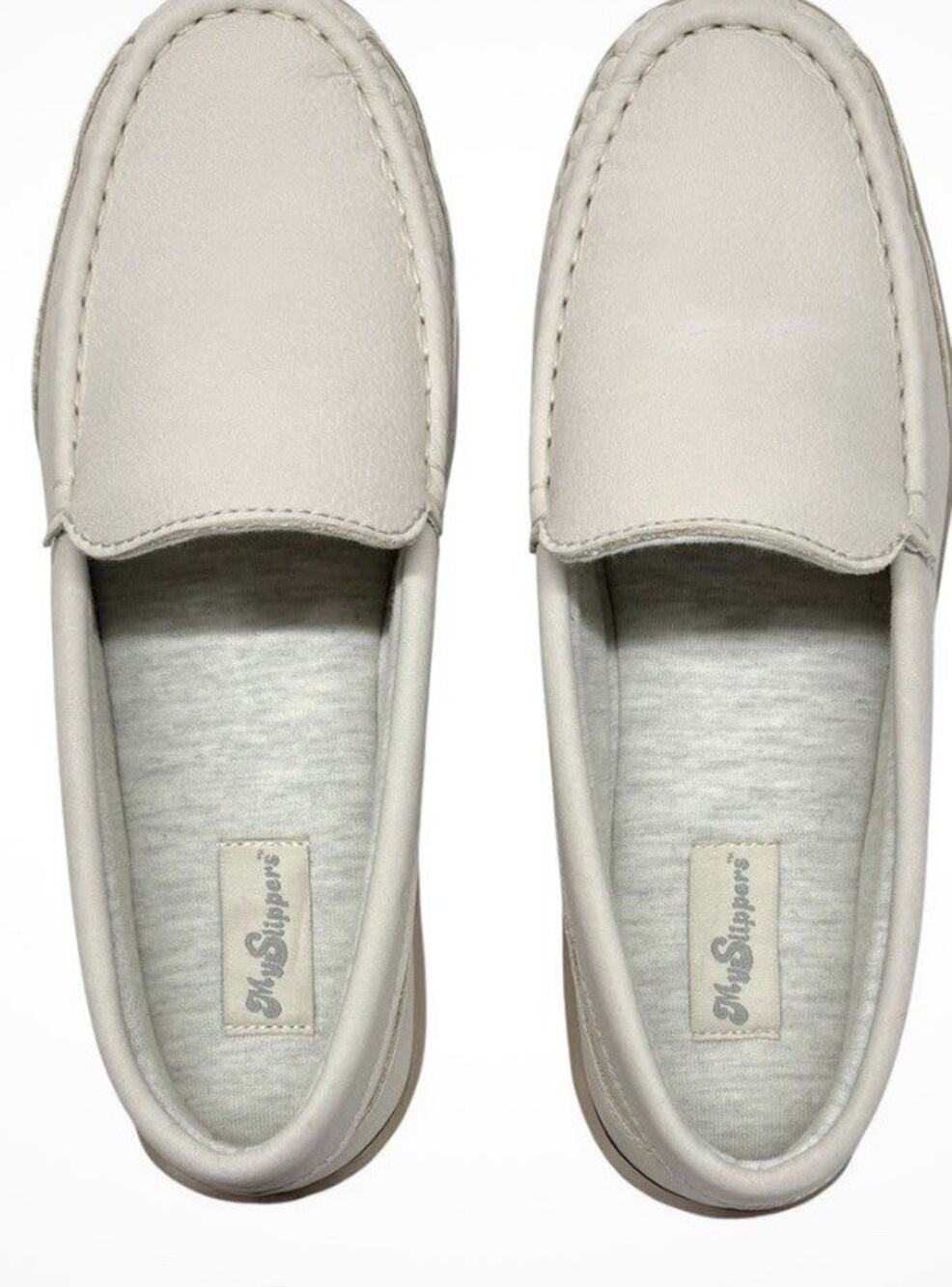 MY SLIPPERS By My Pillow Leather Cream Memory Foam Slip On Moccasins, Size 8 New